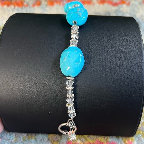 Turquoise + Crystal + Silver Bracelet 8” - Picture 2 of 4